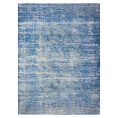 9'5 "X12'10" Tappeto blu in pura lana annodato a mano Vintage Persian Kerman Distressed