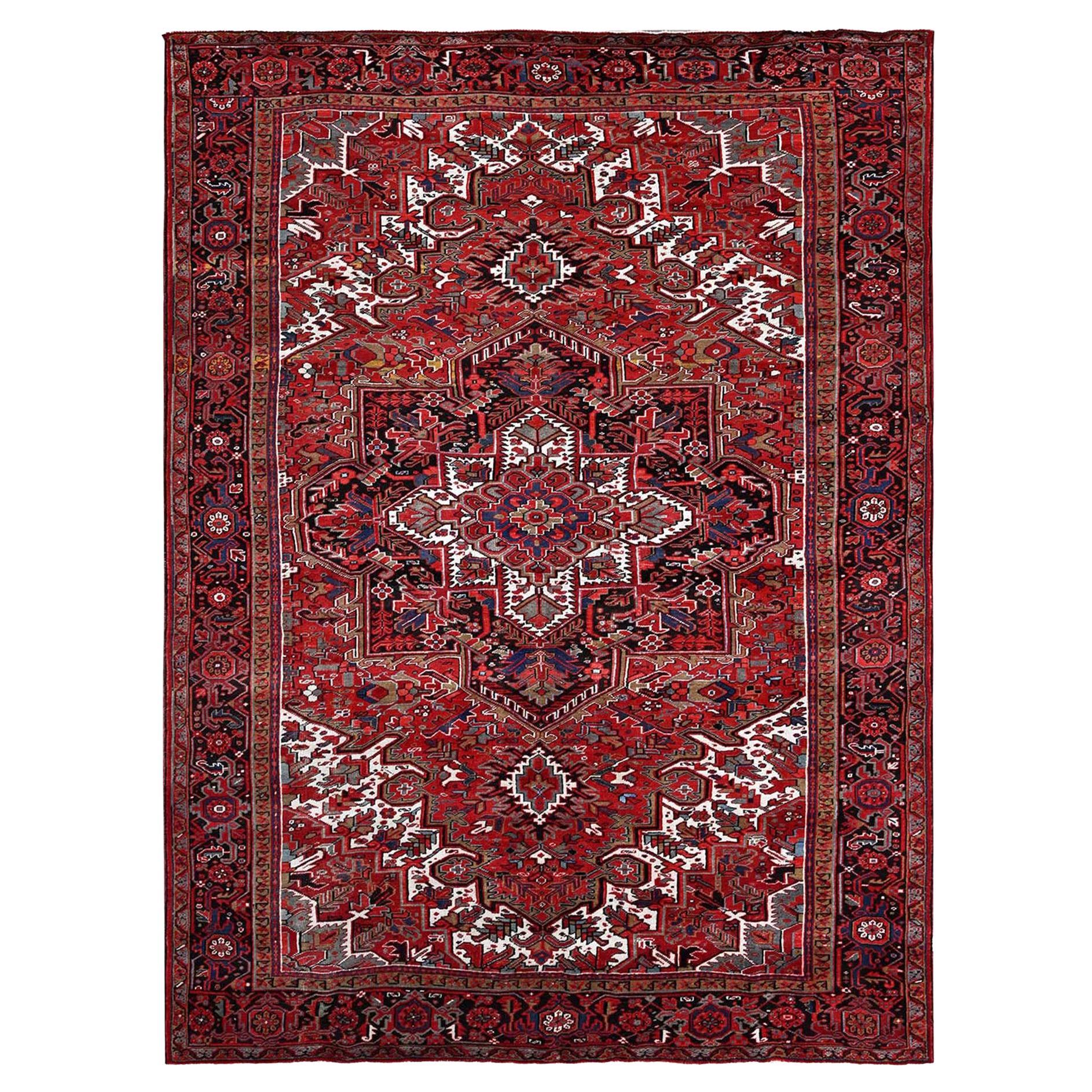 Tapis oriental persan Heriz rouge écarlate noué à la main 9'5"x12'10"