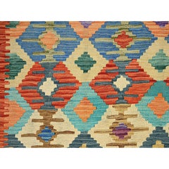 9'5 "x12'6" Colorful Afghan Kilim Geometric Design Hand Woven Flat Weave Wool Rug