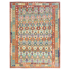 9'5"x12'6" Colorful Afghan Kilim Geometric Design Hand Woven Flat Weave Wool Rug