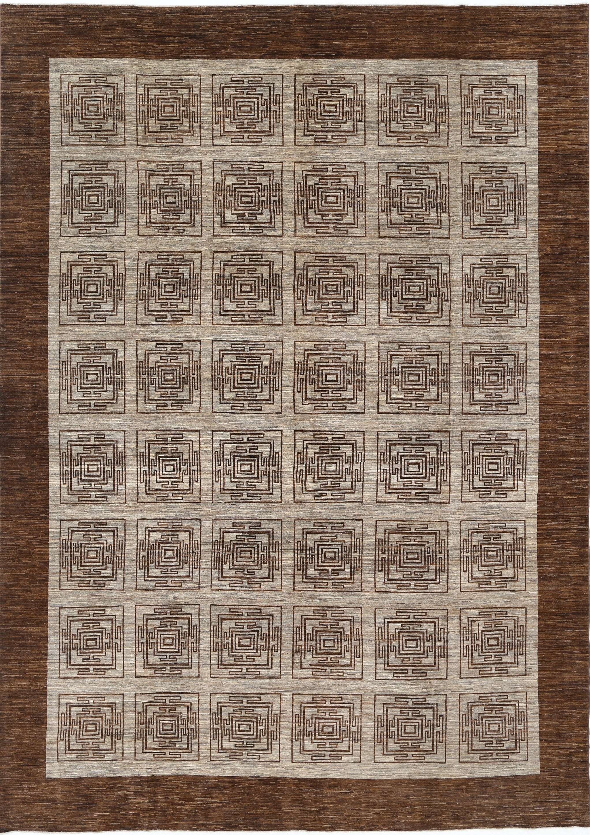 9.5x13 ft Hand Knotted Brown and Beige Rug. Geometric Square Motif Design Carpet For Sale