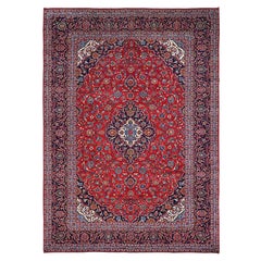 9'5"x13' Red Hand Knotted Soft Wool Vintage Persian Kashan Clean Oriental Rug