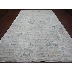 9'5 "x13'7" Hellgrauer Angora Oushak mit Blatt-Design Handgeknüpfter Teppich aus reiner Wolle