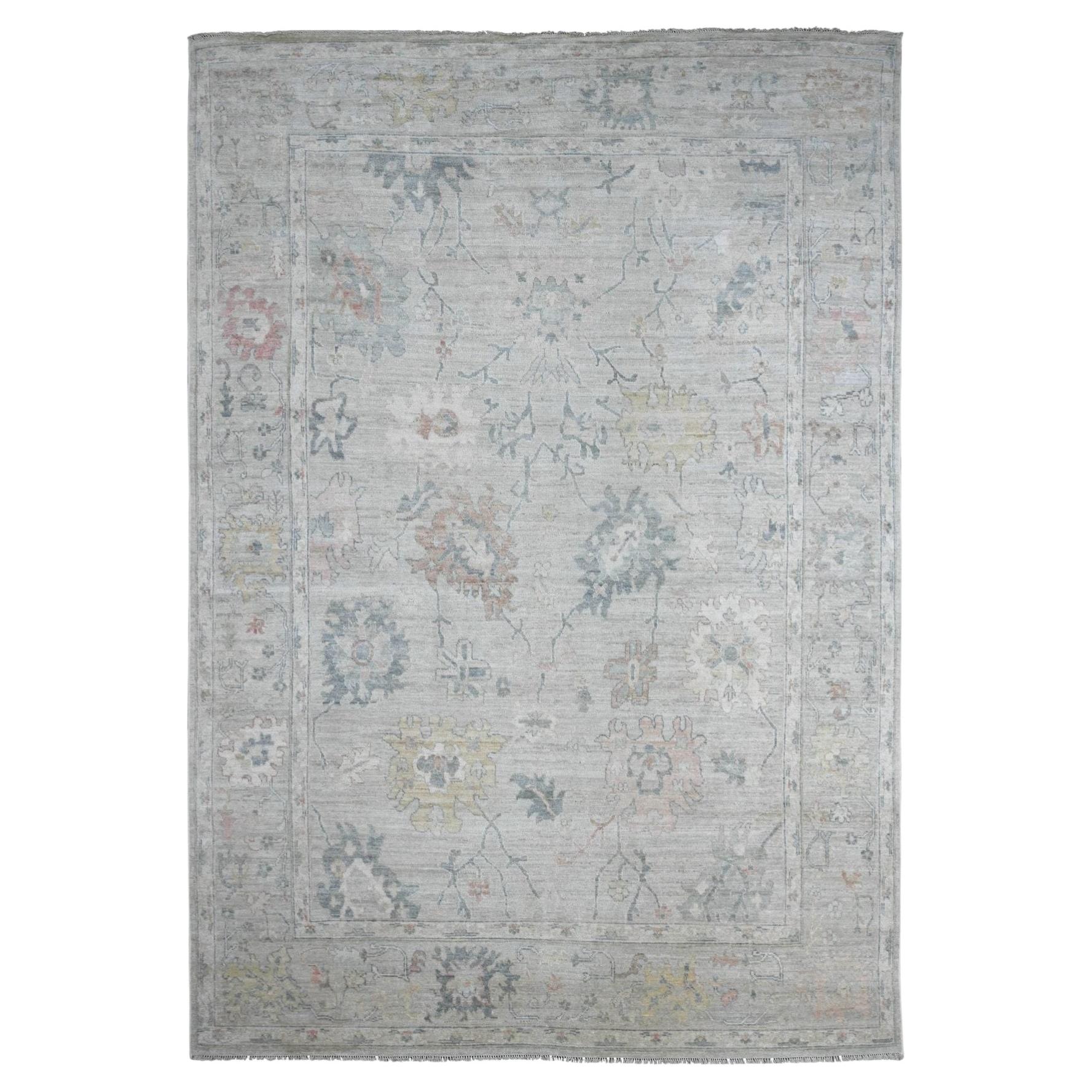 9'5"x13'7" Light Gray Angora Oushak with Leaf Design Hand Knotted Pure Wool Rug