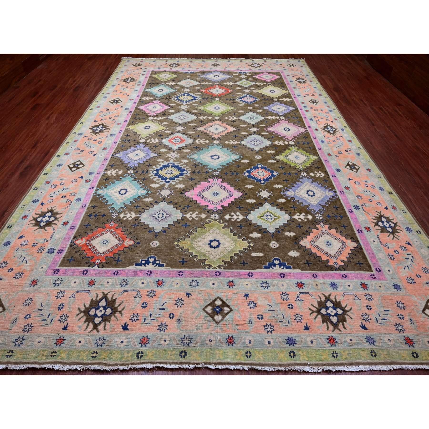 Chocolate Brown, Colorful Fusion Kazak, Caucasian Design, Hand Knotted, 100% Wool, Oriental Rug
Primary materials: Wool
Latex: No Pile 
height: 0.25 Inches
Style: Transitional
Primary color: Brown
Secondary colors: Pink, Green, Red, Yellow,