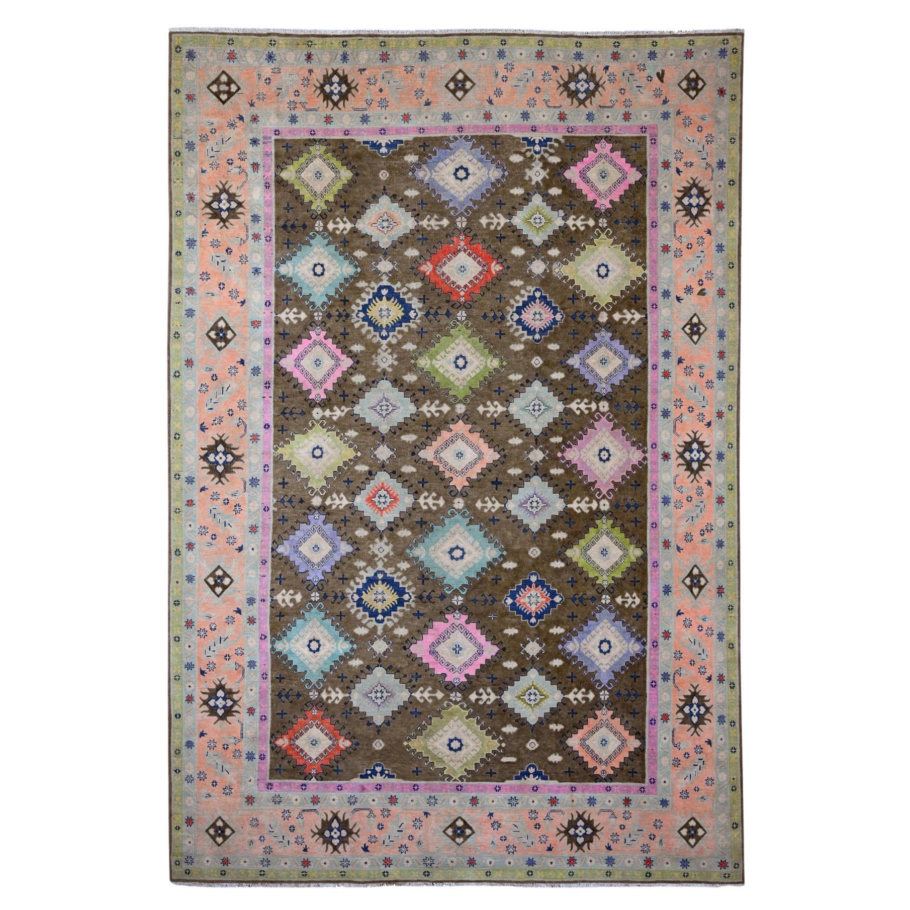 9'5 "x13'9" Brown Bunte kaukasische Design Kazak Hand geknüpft Wolle Orientteppich