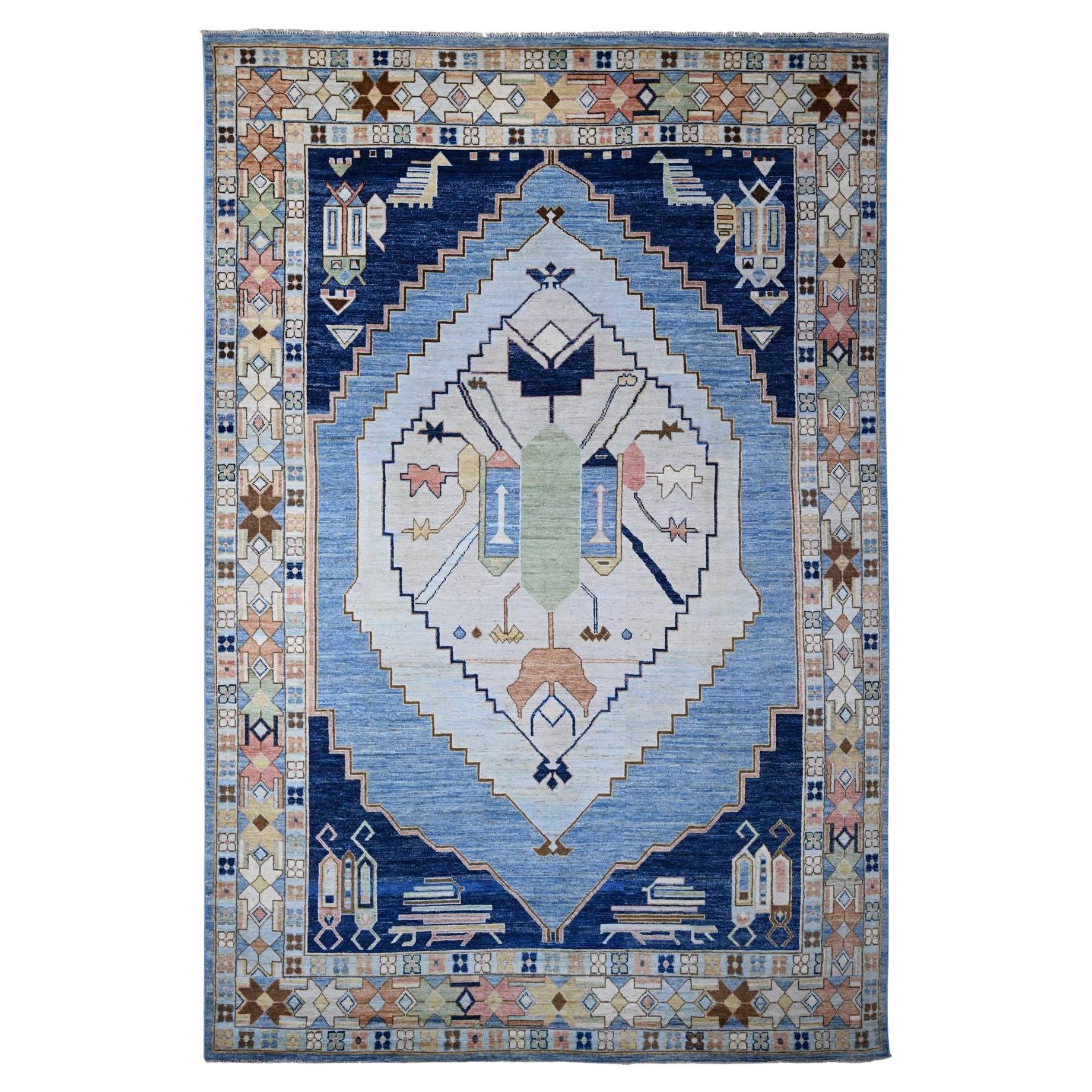 9
5 "x14
7" Blauer Tribal Village Anatolischer Medaillon Teppich aus reiner Wolle, handgeknüpft im Angebot