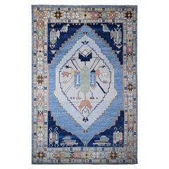 9
5 "x14
7" Blue Tribal Village Anatolian Medallion Pure Wool Hand Knots Rugs