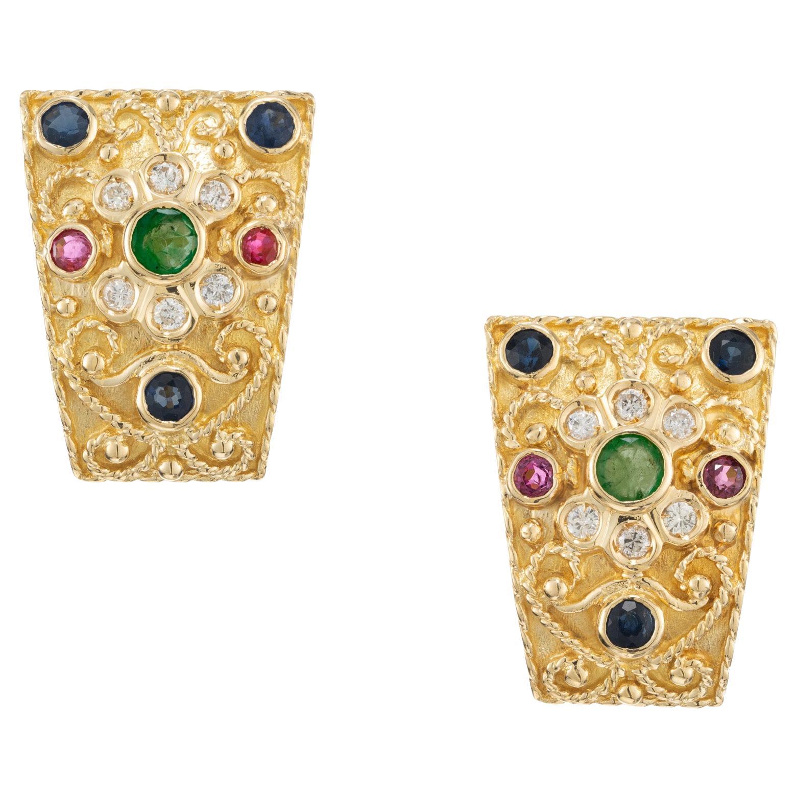 .96 Carat High Grade Emerald Diamond Ruby Sapphire Yellow Gold Earrings  For Sale