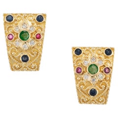 Vintage .96 Carat High Grade Emerald Diamond Ruby Sapphire Yellow Gold Earrings 