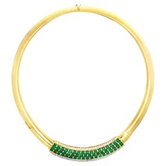9.6 Carat Natural Emerald & Diamond Herringbone Style 18K Gold Necklace