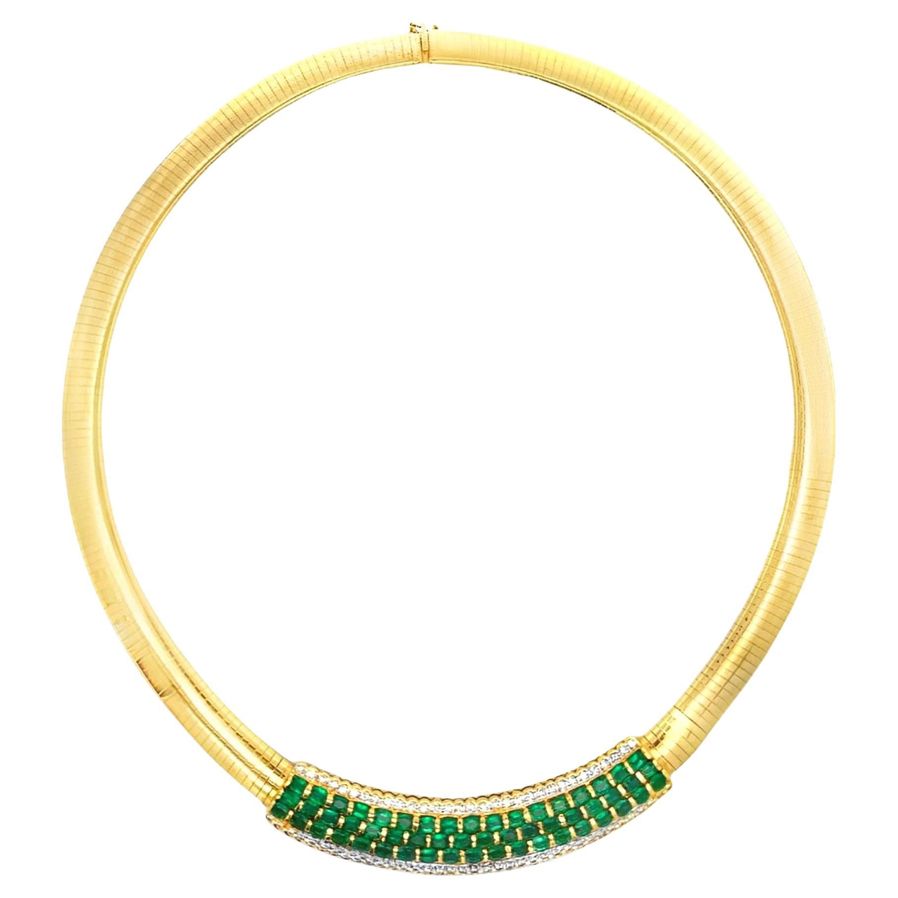9,6 Karat Natürlicher Smaragd & Diamant Fischgrät Stil 18K Gold Halskette