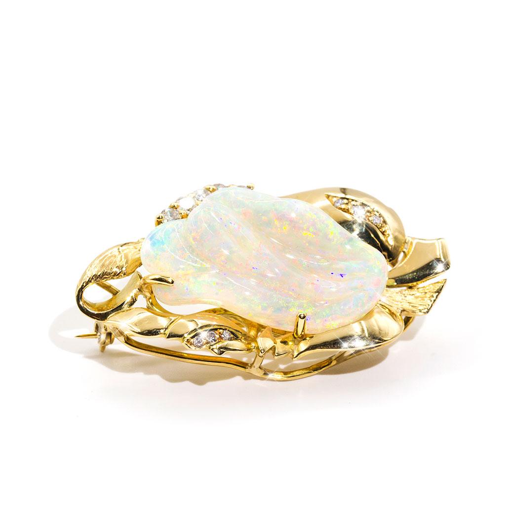 9.6 Carat Solid Australian Carved Opal and Diamond 18 Carat Gold Pendant Brooch For Sale 9