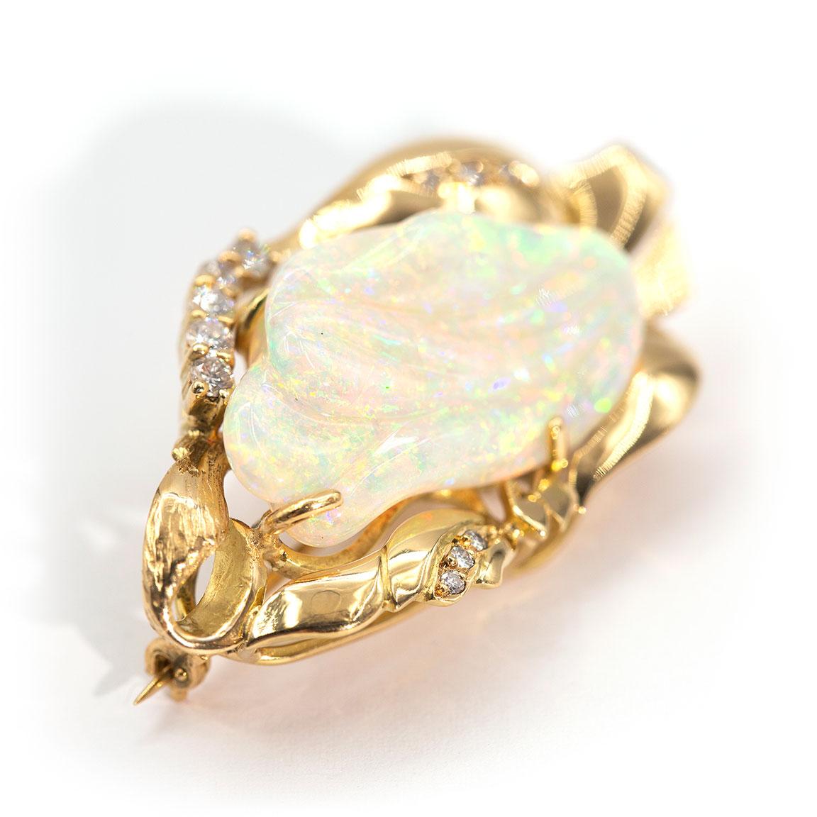 Modern 9.6 Carat Solid Australian Carved Opal and Diamond 18 Carat Gold Pendant Brooch For Sale