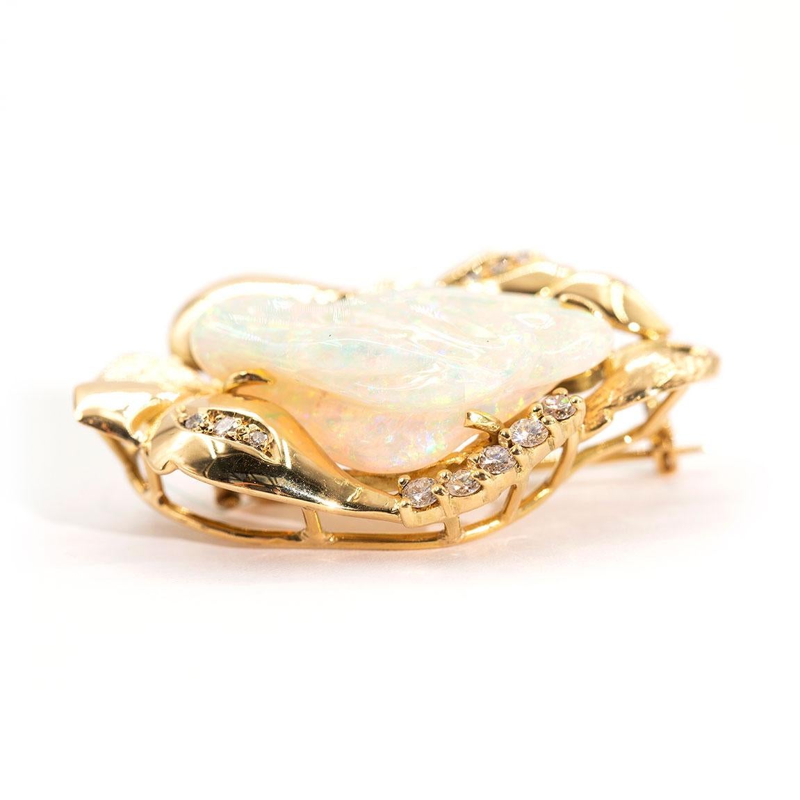 9.6 Carat Solid Australian Carved Opal and Diamond 18 Carat Gold Pendant Brooch For Sale 2