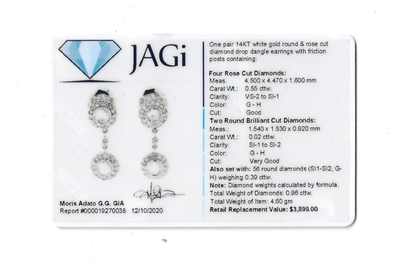 .96 Carats Total Round and Rose Cut Diamond Halo Dangle Earrings 14 Karat Gold For Sale 5