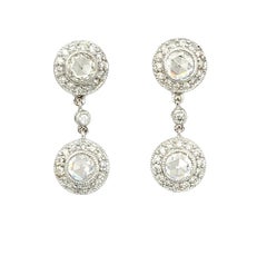 Round and Rose Cut Diamond Halo Dangle Earrings in 14 Karat White Gold