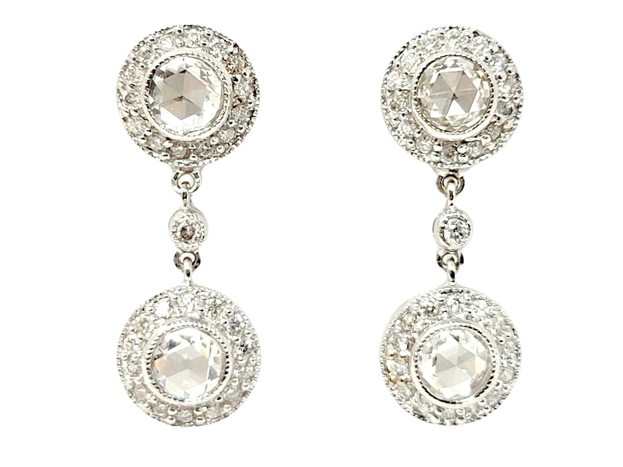 Contemporary .96 Carats Total Round and Rose Cut Diamond Halo Dangle Earrings 14 Karat Gold For Sale