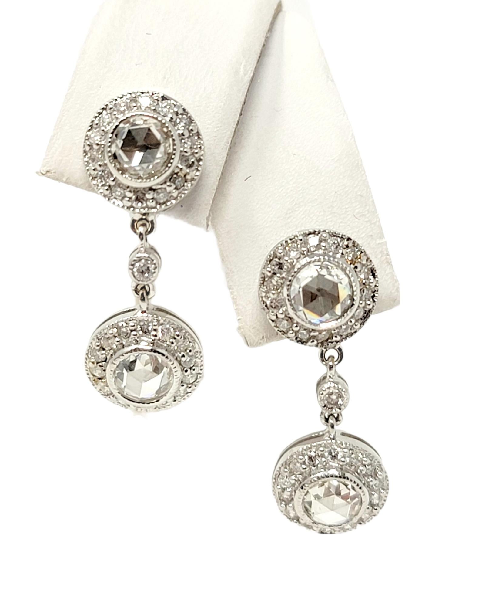 .96 Carats Total Round and Rose Cut Diamond Halo Dangle Earrings 14 Karat Gold In Good Condition For Sale In Scottsdale, AZ