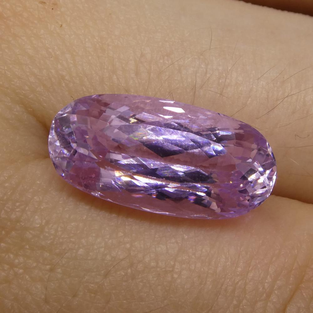 Description:

Gem Type: Kunzite
Number of Stones: 1
Weight: 9.6 cts
Measurements: 17.70x8.80x8mm
Shape: Oval
Cutting Style Crown: Modified Brilliant Cut
Cutting Style Pavilion: Mixed Cut
Transparency: Transparent
Clarity: Very Slightly Included: Eye