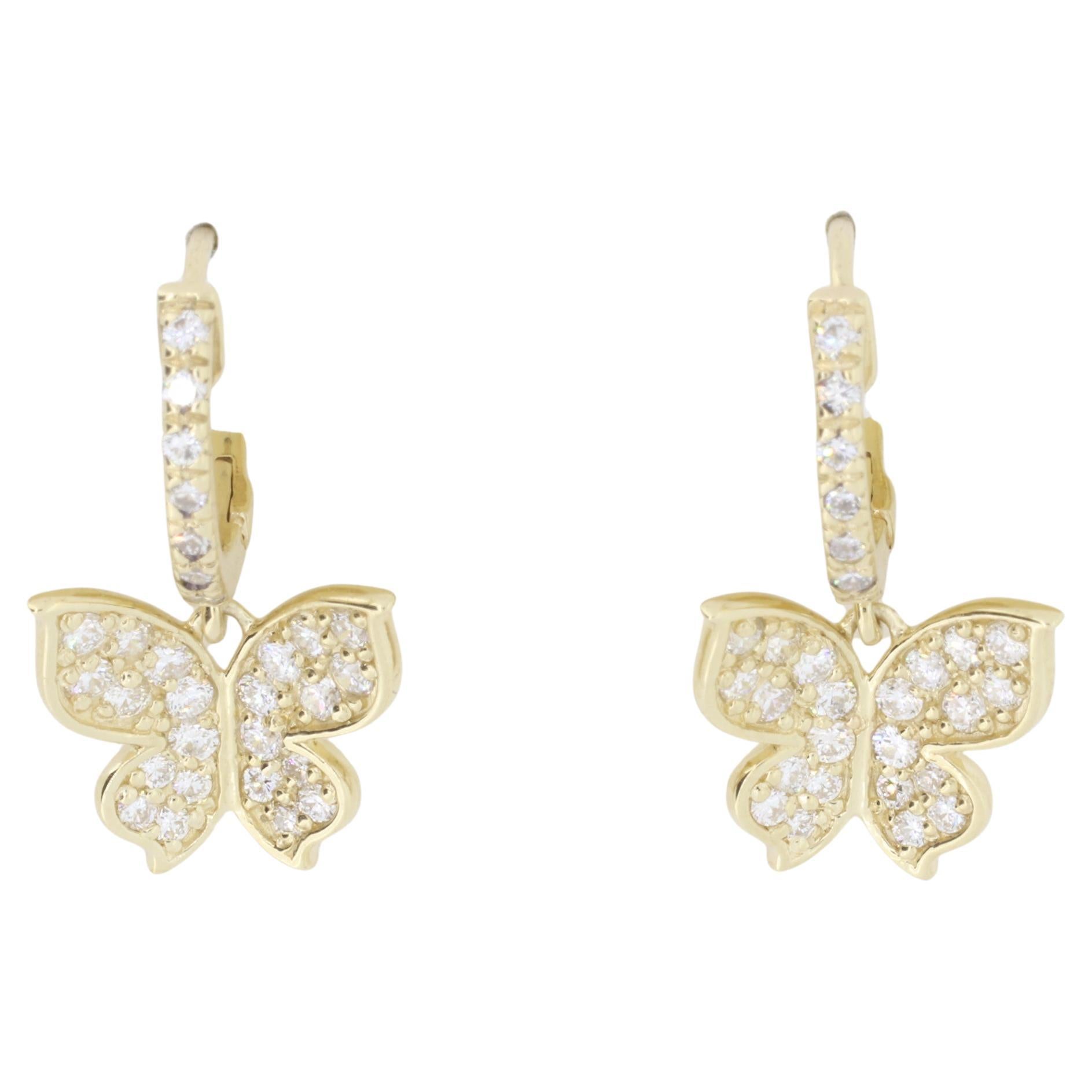 Boucles d'oreilles papillon en or jaune 14K avec diamant blanc .96 CTW Neuf - En vente à GREAT NECK, NY