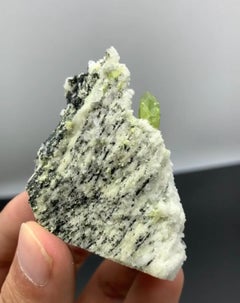 96 Grams Apple-Green Twinned Titanite Crystals On Calcite Matrix From Pakistan