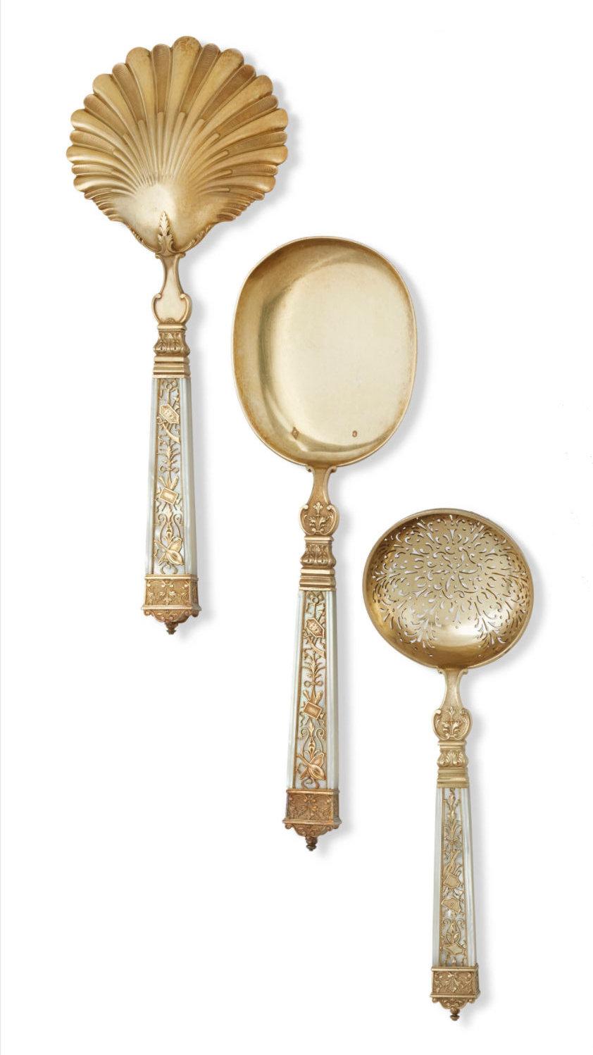 Our 96 piece vermeil silver dessert service by Maison Cardeilhac (1804-1951) of Paris, circa 1910s, features exceptional openwork trophies depicting musical instruments and dramatic masks on mother-of-pearl grounds. Includes 24 spoons, 22 forks,
