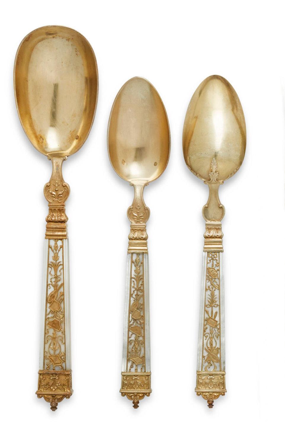 Gilt 96 Pc French Vermeil Silver and Mother-of-pearl Dessert Service by Cardeilhac