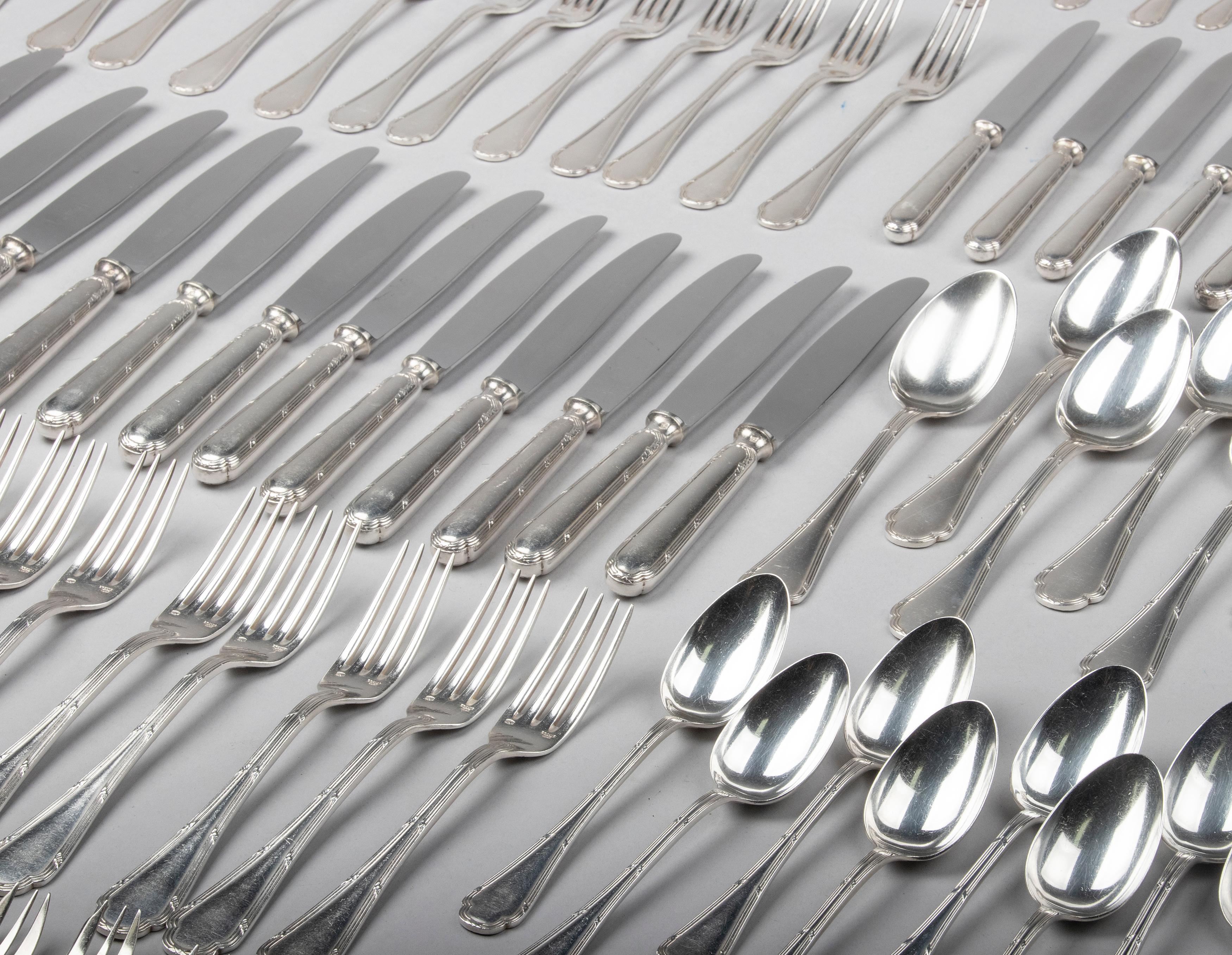 96-Piece Set of Silver-Plate Flatware for 12 Persons, Ercuis Model Ribbon 6