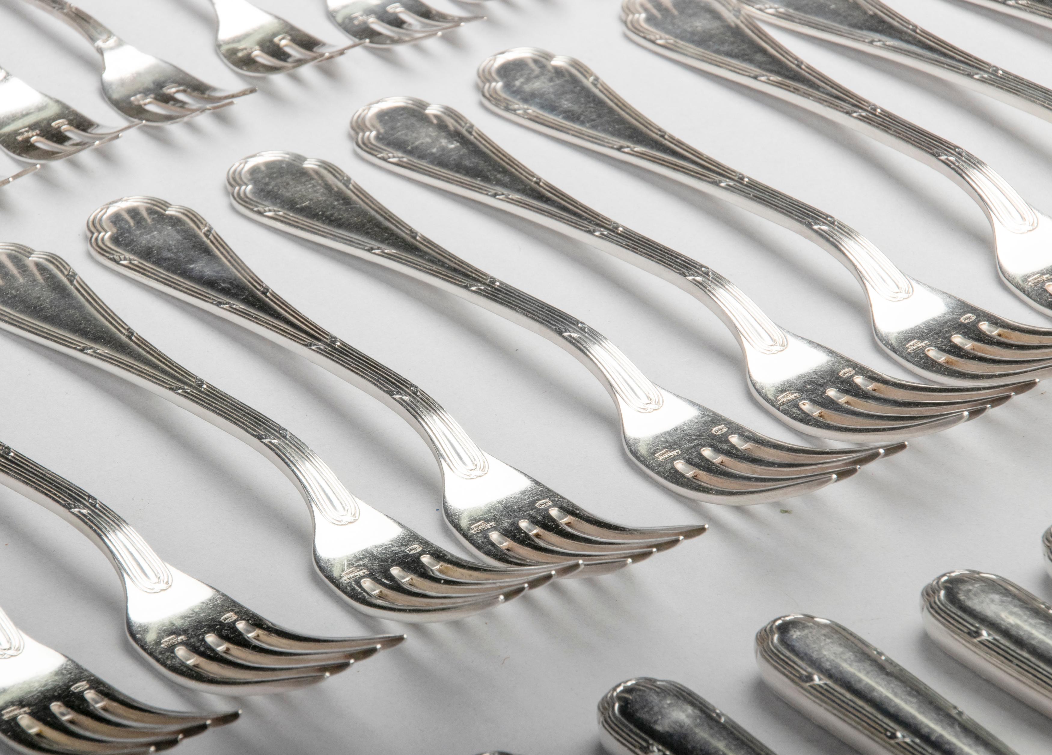 96-Piece Set of Silver-Plate Flatware for 12 Persons, Ercuis Model Ribbon 11