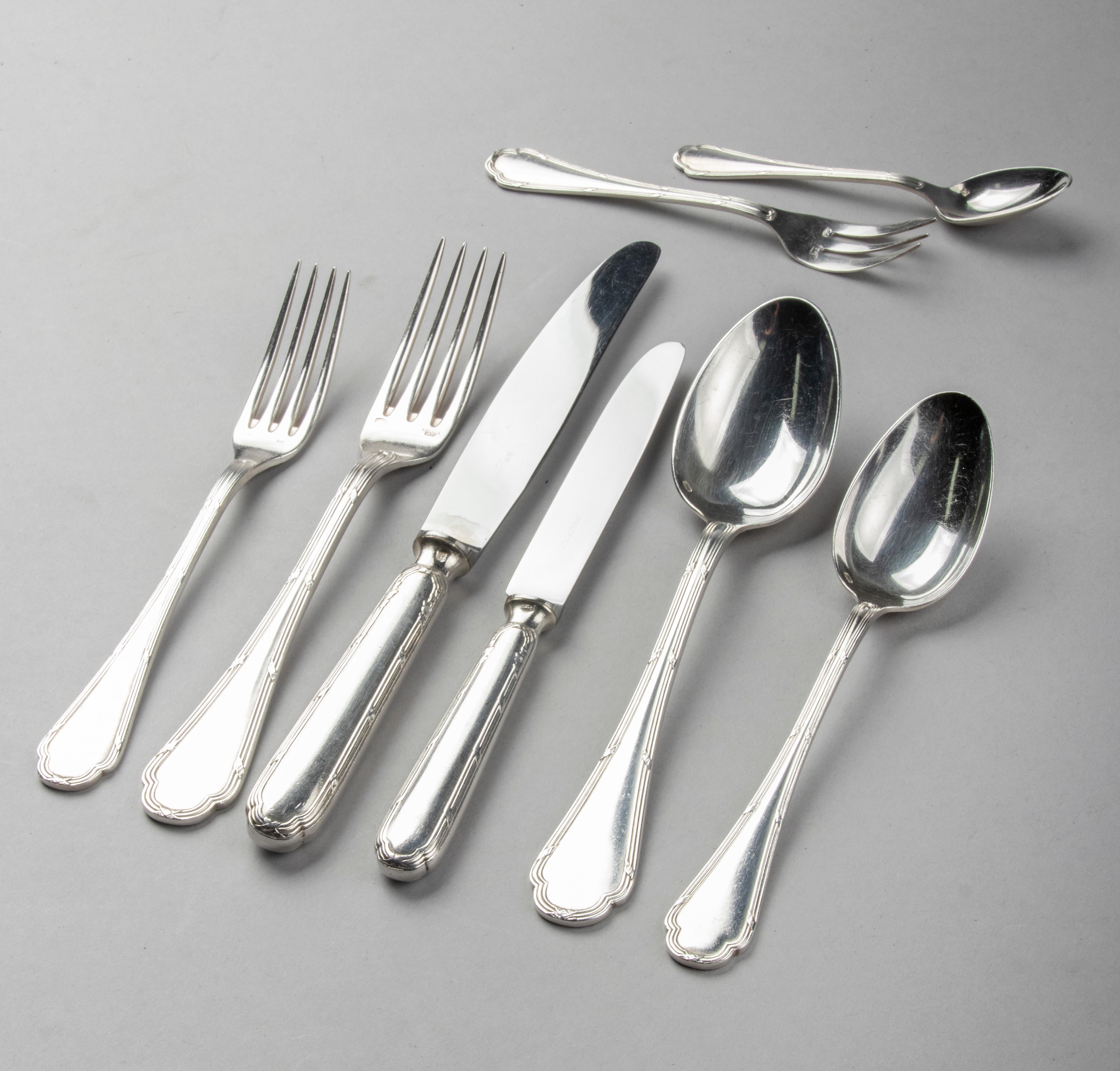 96-Piece Set of Silver-Plate Flatware for 12 Persons, Ercuis Model Ribbon 12