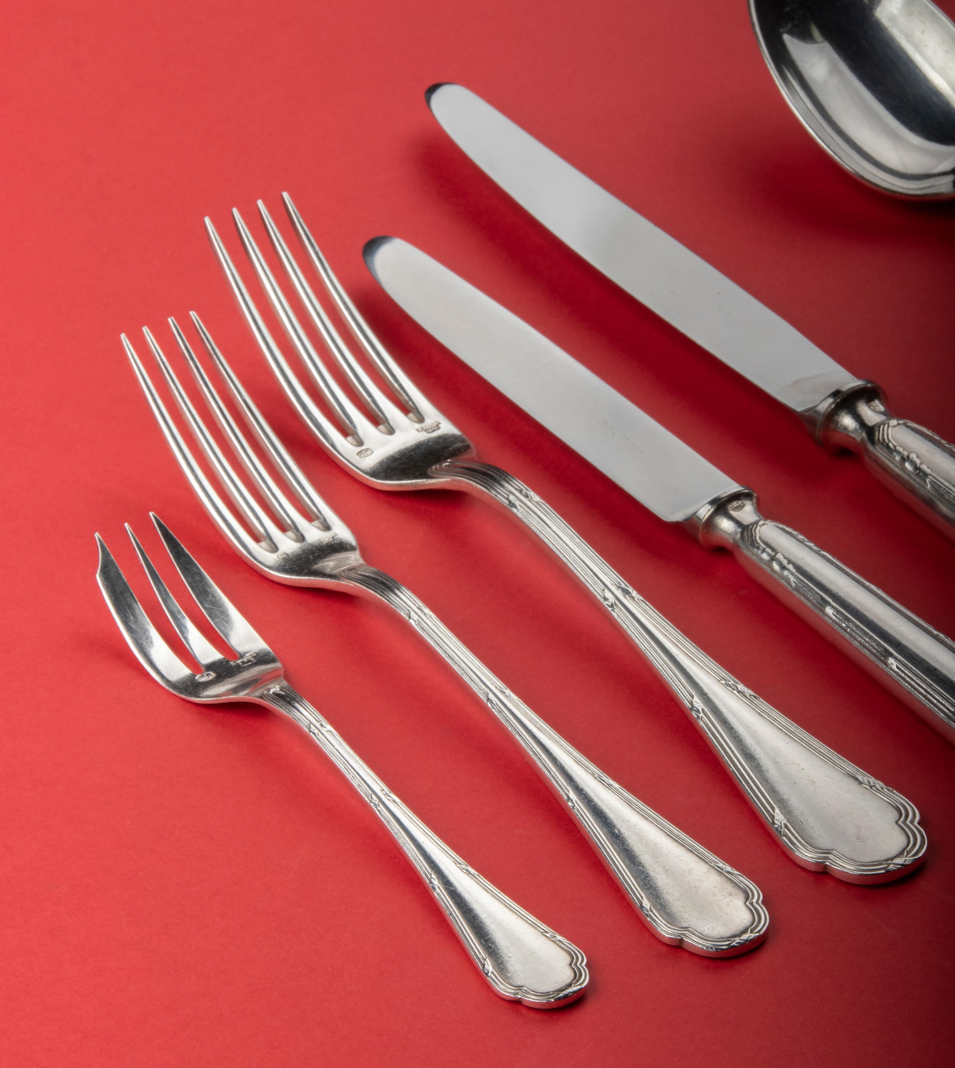 Late 20th Century 96-Piece Set of Silver-Plate Flatware for 12 Persons, Ercuis Model Ribbon
