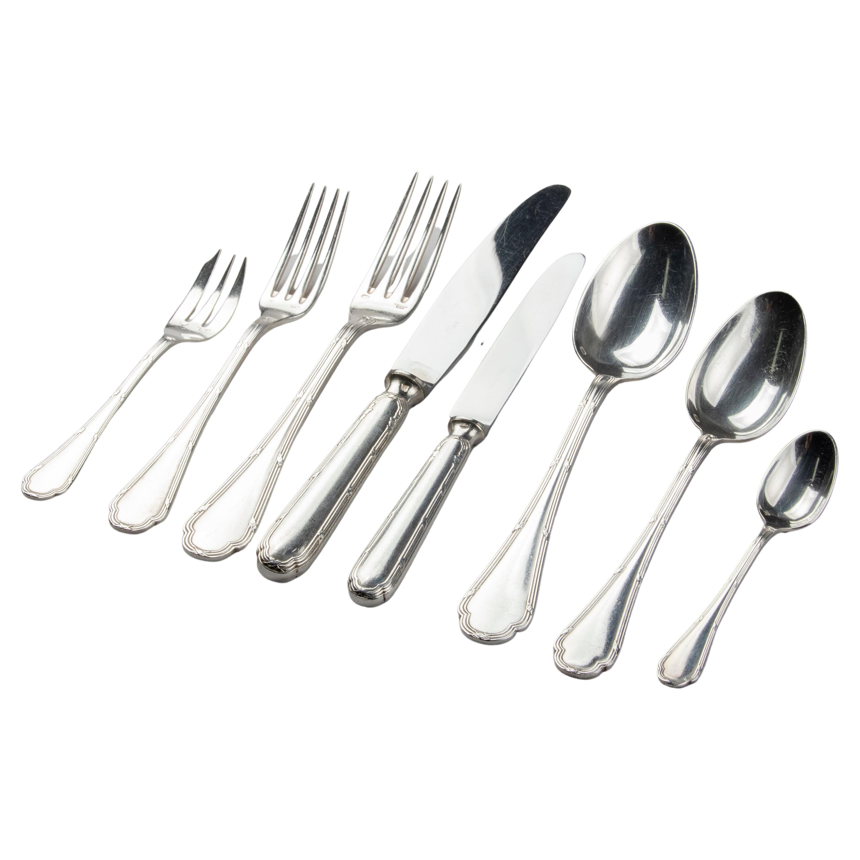 96-Piece Set of Silver-Plate Flatware for 12 Persons, Ercuis Model Ribbon