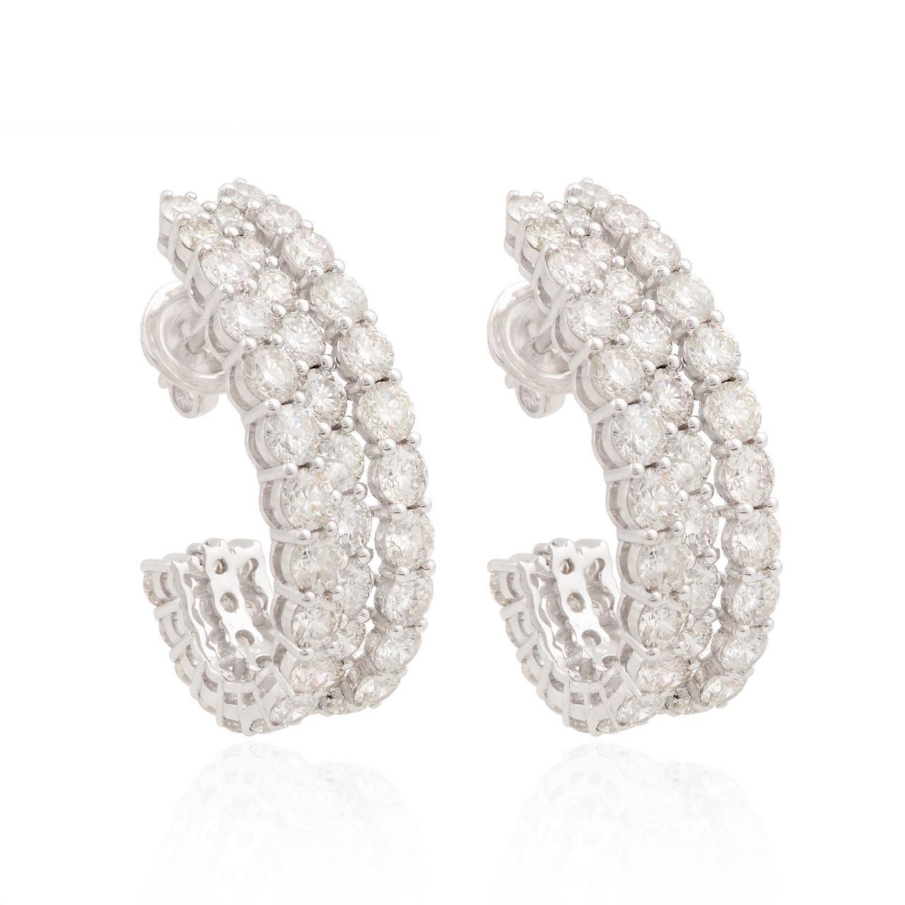 9.60 Carat Diamond 14 Karat Gold Three Row Hoop Earrings For Sale