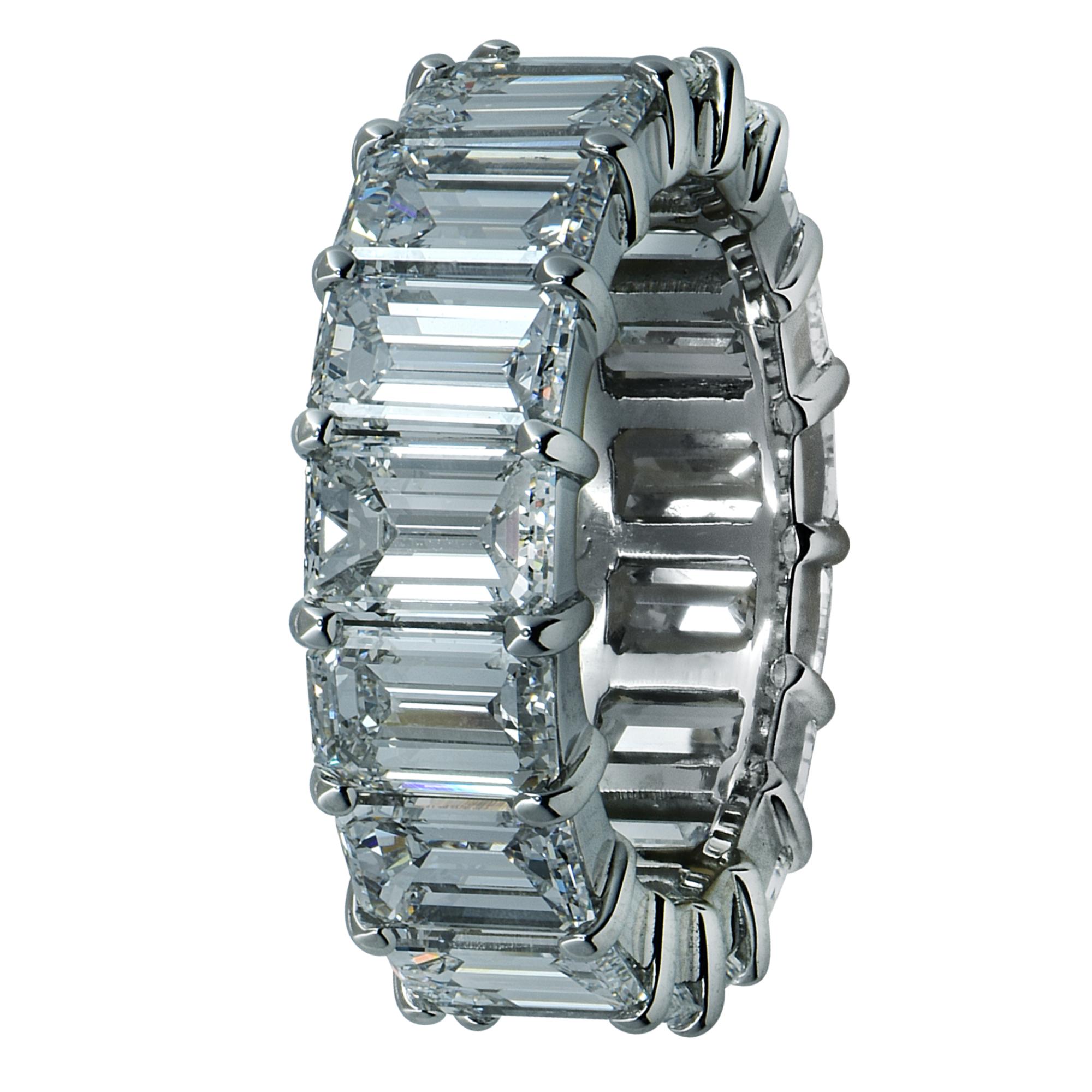 Exquisite Vivid Diamonds eternity band crafted by hand in Platinum, showcasing 17 stunning emerald cut diamonds weighing 9.60 carats total, F color, VS clarity. The diamonds are set in a seamless sea of eternity, creating a spectacular symphony of