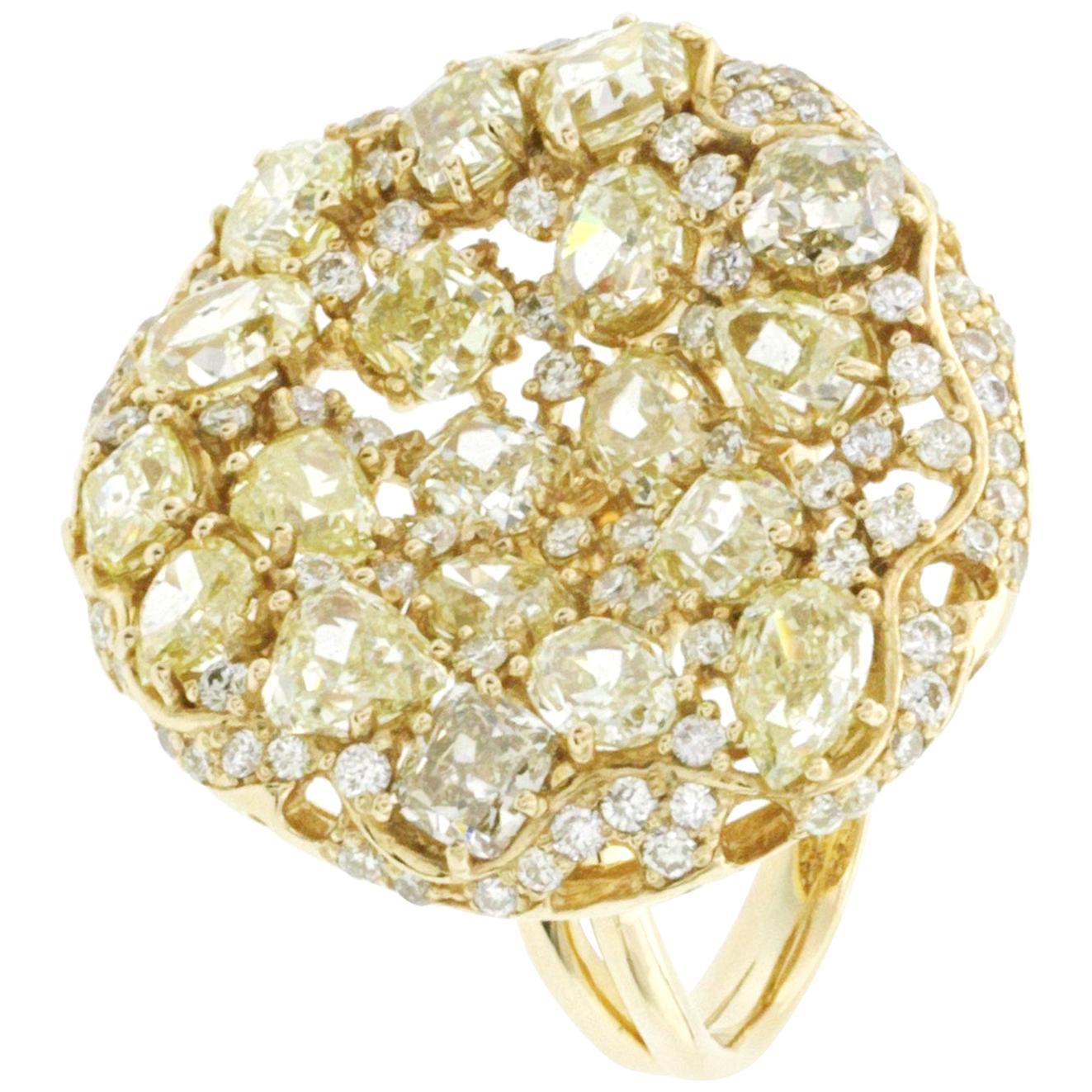 9.60 Carat Multi Shape and Color Yellow Diamonds 14 Karat Gold Cocktail Ring