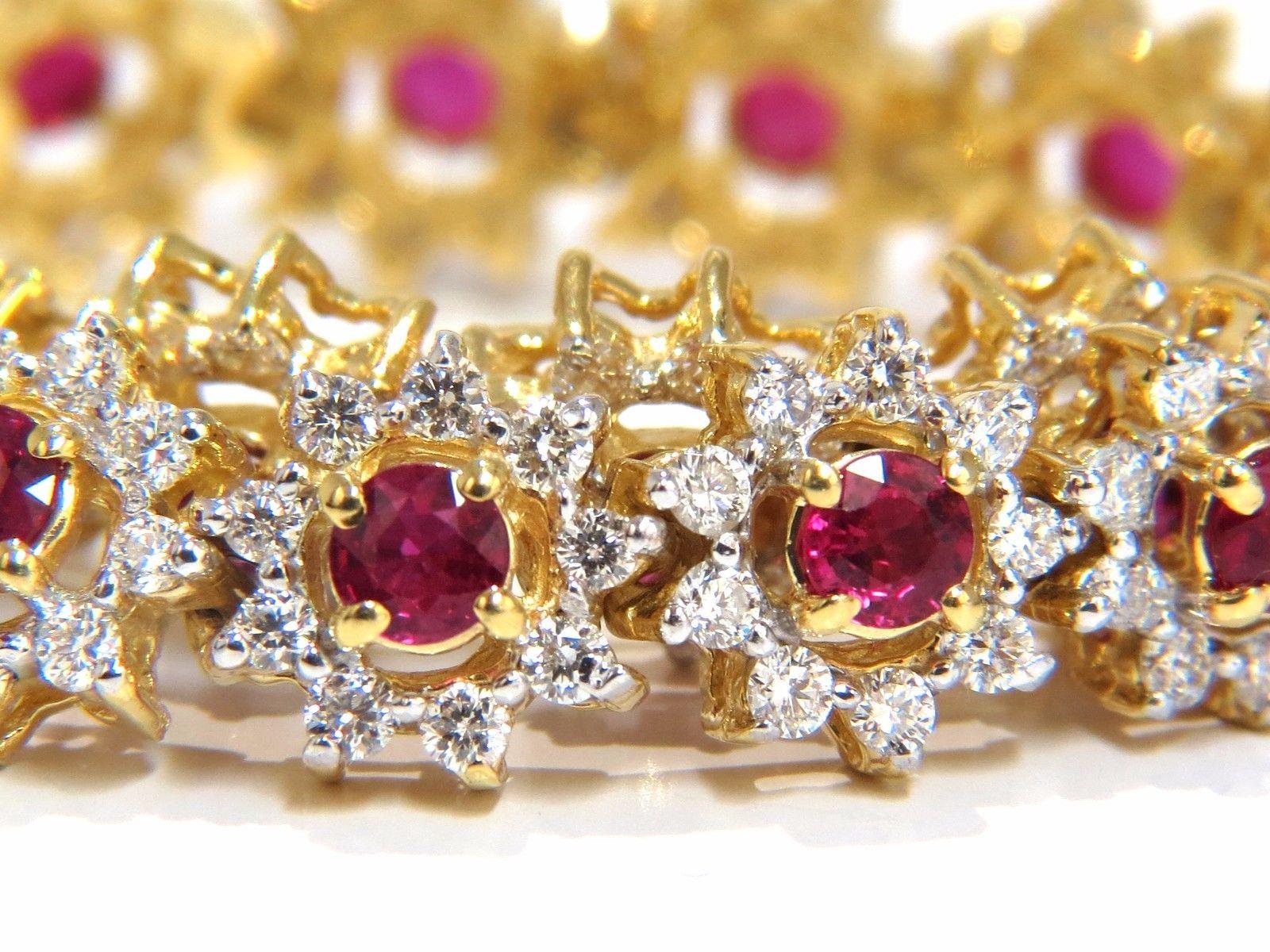 Red Clusters

5.00ct. Natural Ruby Tennis bracelet.

Round cuts, great sparkle.

Vibrant Red, excellent Sparkle.

Clean Clarity & Transparent.

Average: 3.8mm diameter 

21 Rubies.



4.60ct. natural diamonds:

Rounds, Full Cuts

Vs-2 clarity,