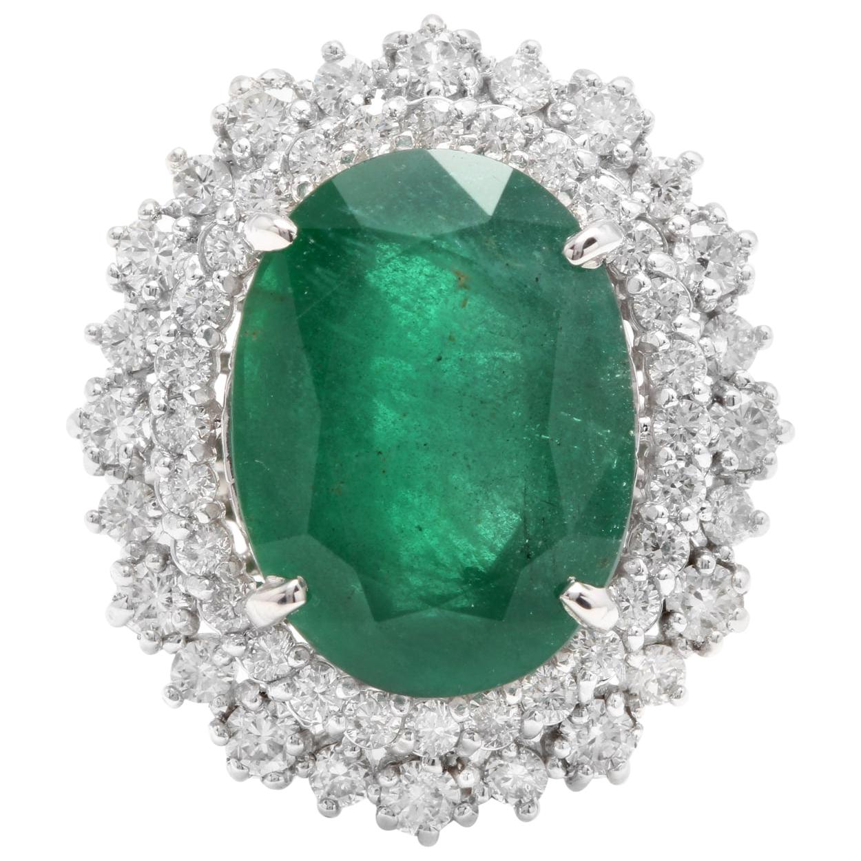 9.60 Carat Natural Emerald and Diamond 14 Karat Solid White Gold Ring
