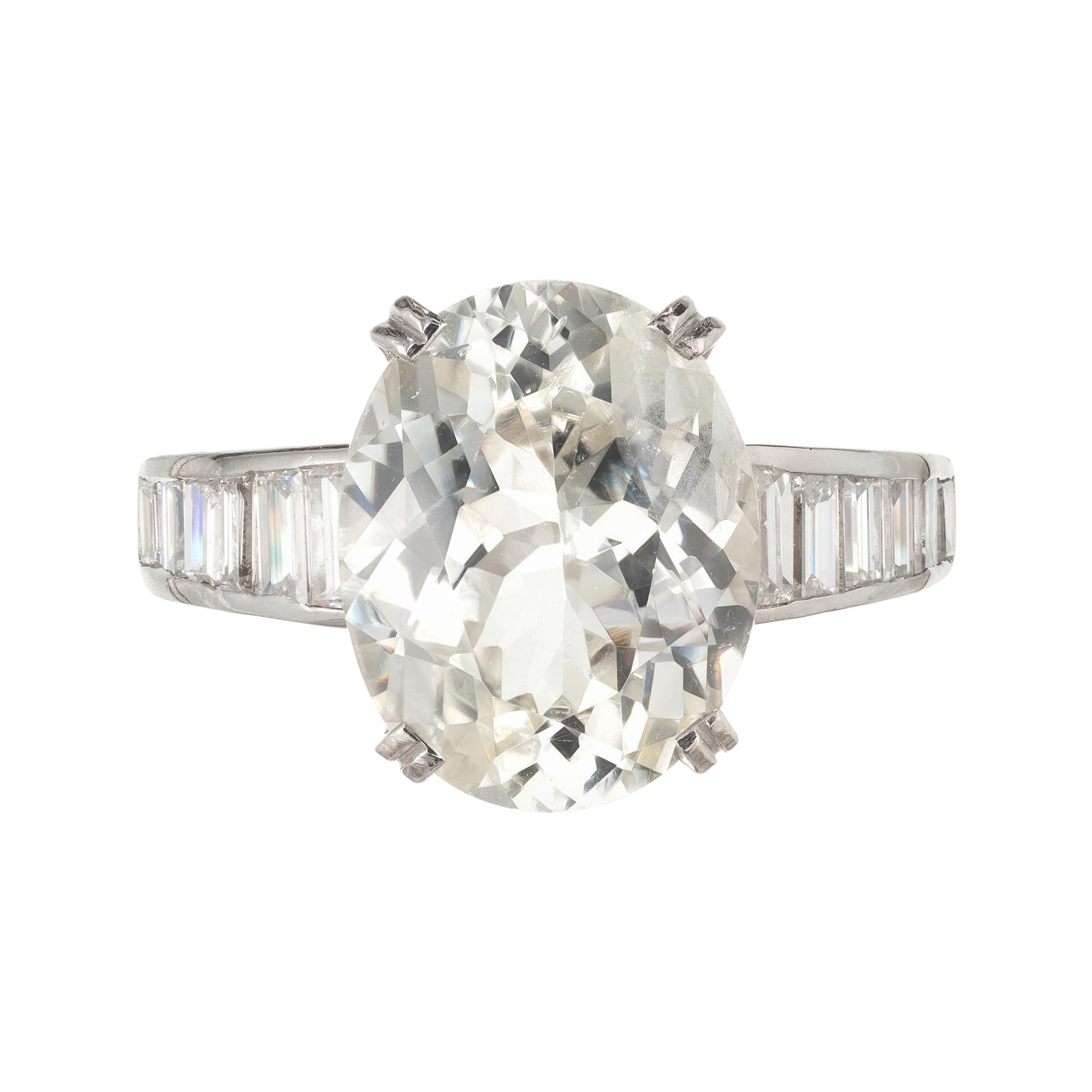 9.60 Carat Oval Light Yellow Sapphire Diamond Platinum Engagement Ring For Sale