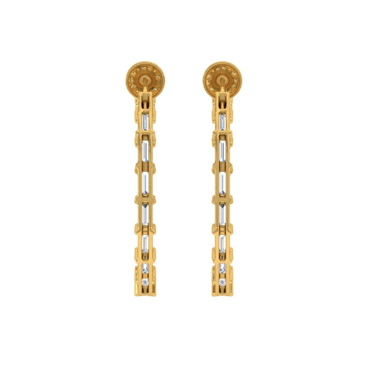 Baguette Cut 9.60 Carat SI Clarity HI Color Baguette Diamond Hoop Earrings 18K Yellow Gold For Sale
