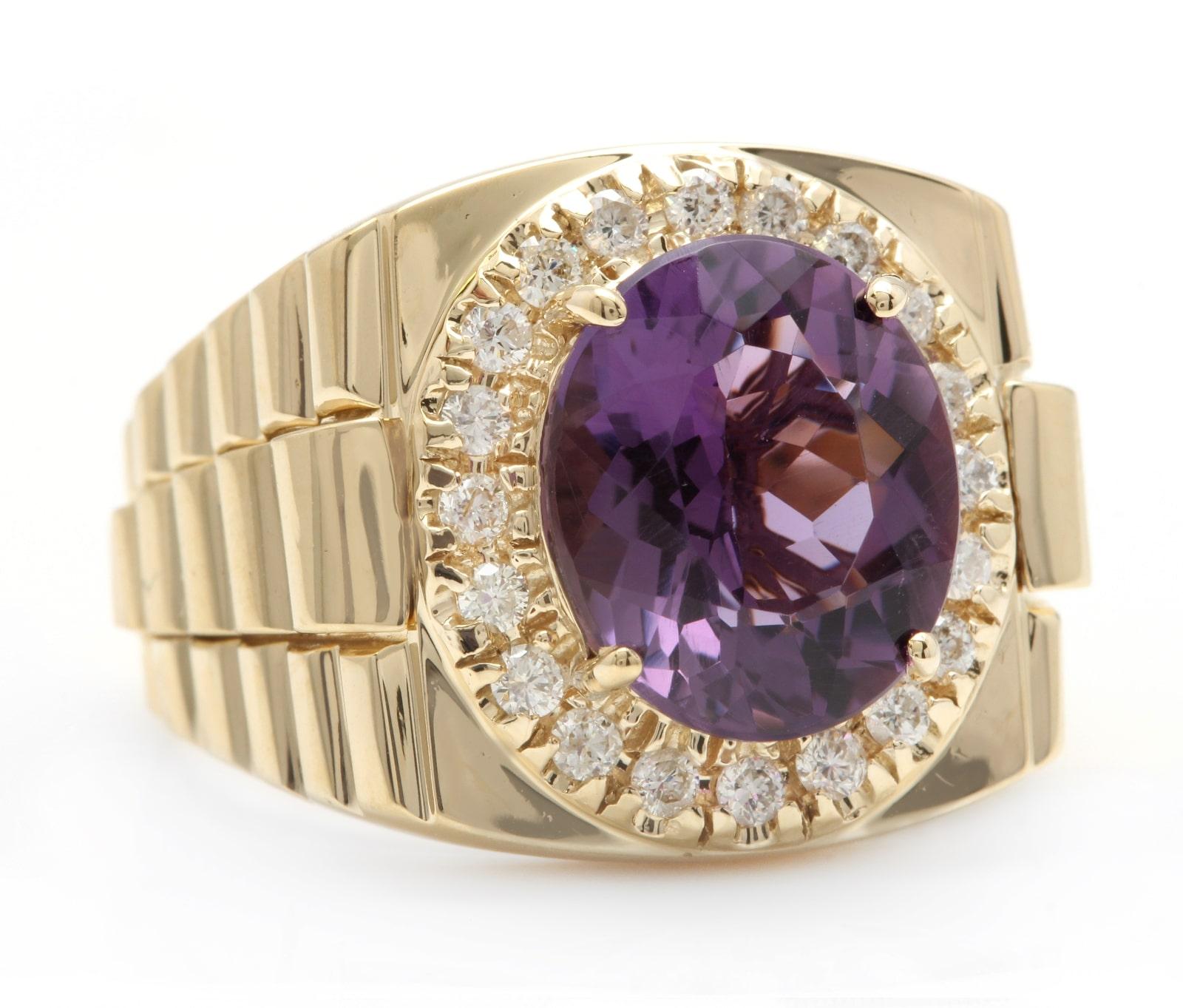 9.60 Carats Natural Amethyst and Diamond 14K Solid Yellow Gold Men's Ring

Amazing looking piece! 

Suggested Replacement Value: $6,000.00

Total Natural Round Cut Diamonds Weight: Approx. 0.60 Carats (color G-H / Clarity SI1-SI2)

Total Natural