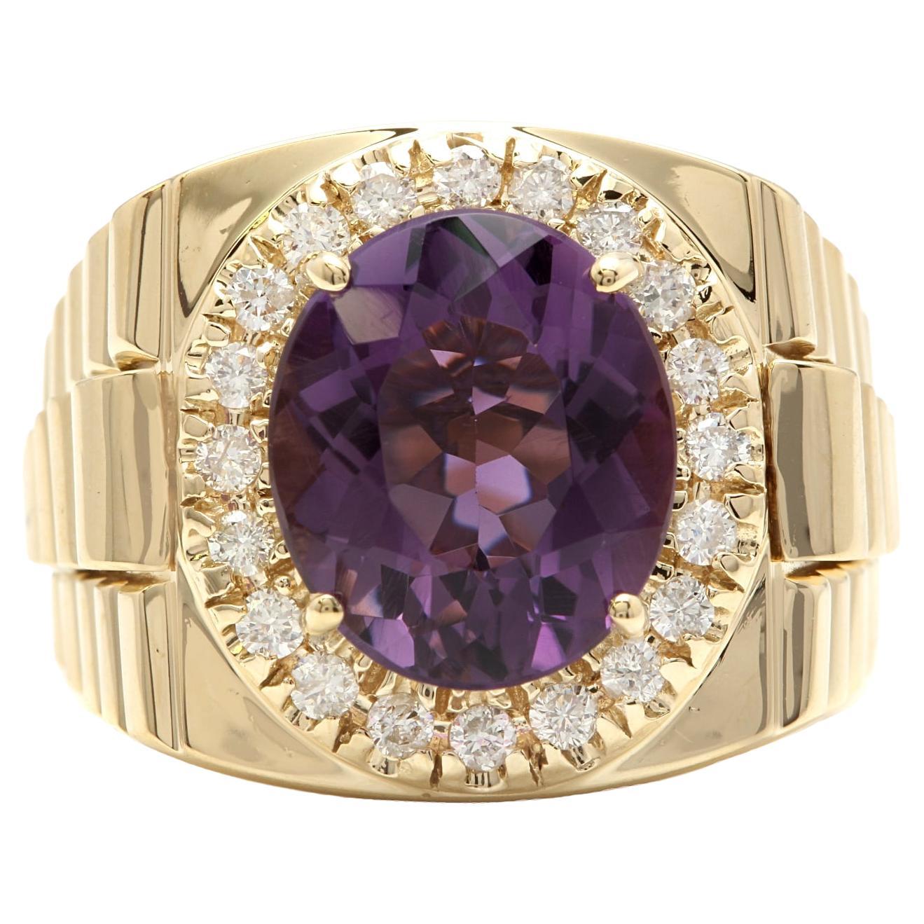 9.60 Carats Natural Amethyst and Diamond 14K Solid Yellow Gold Men's Ring