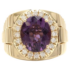 9.60 Carats Natural Amethyst and Diamond 14K Solid Yellow Gold Men's Ring