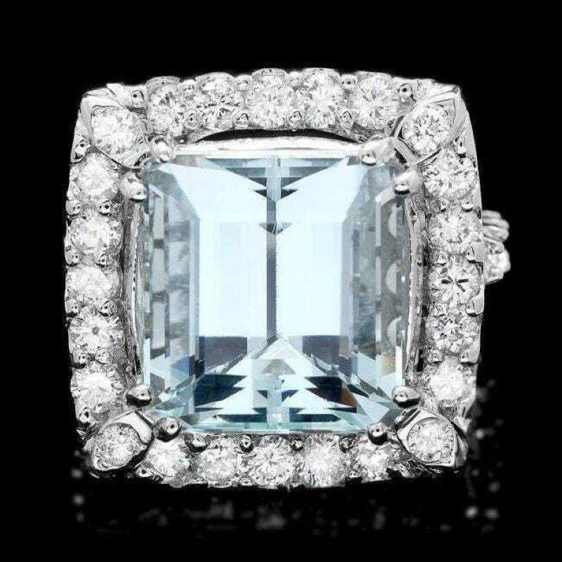 Mixed Cut 9.60 Carats Natural Aquamarine and Diamond 14k Solid White Gold Ring For Sale