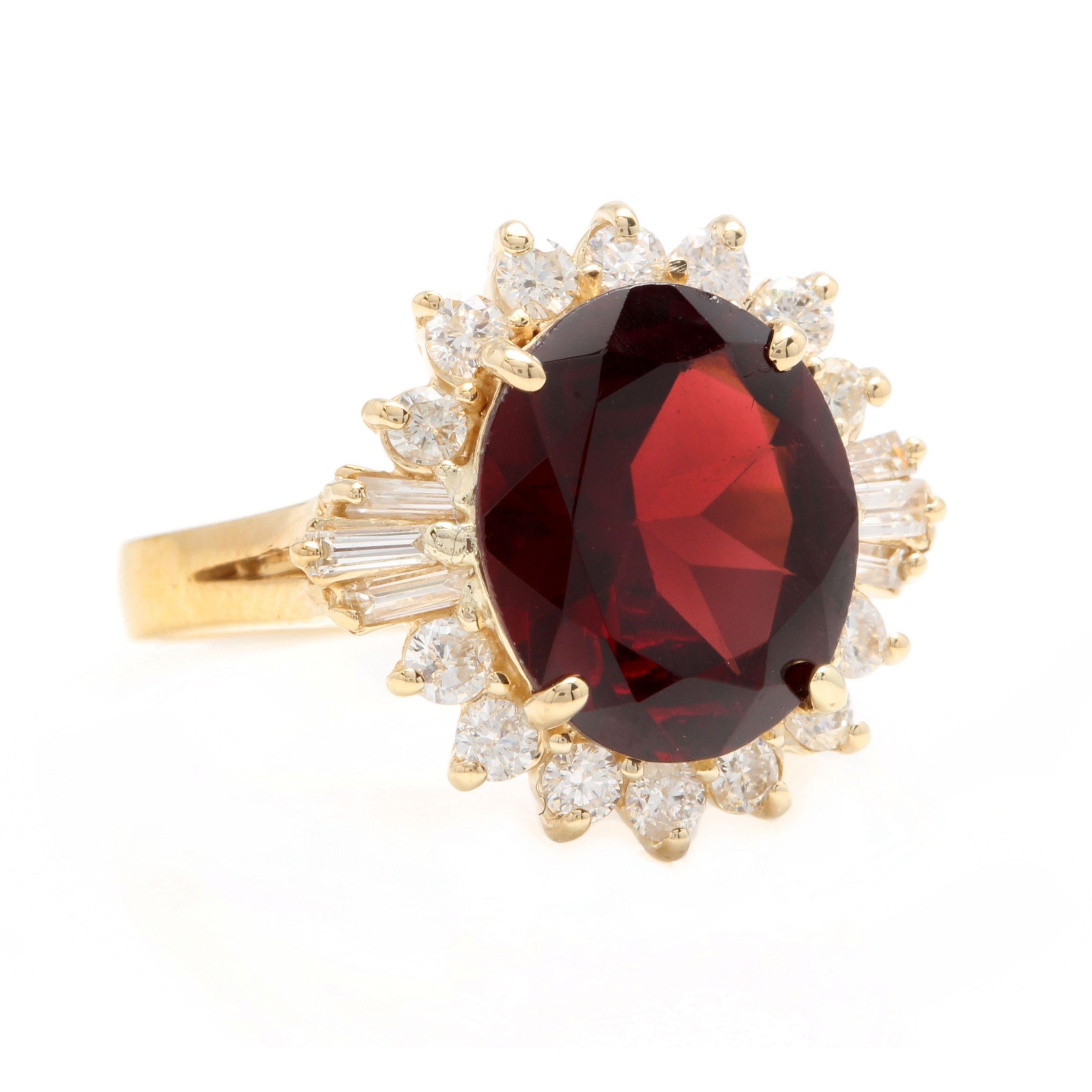 9.60 Carats Impressive Red Garnet and Natural Diamond 14K Yellow Gold Ring

Total Natural Oval Red Garnet Weight is: Approx. 8.50 Carats

Garnet Measures: Approx. 13.00 x 11.00mm

Natural Round & Baguette Diamonds Weight: Approx. 1.10 Carats (color