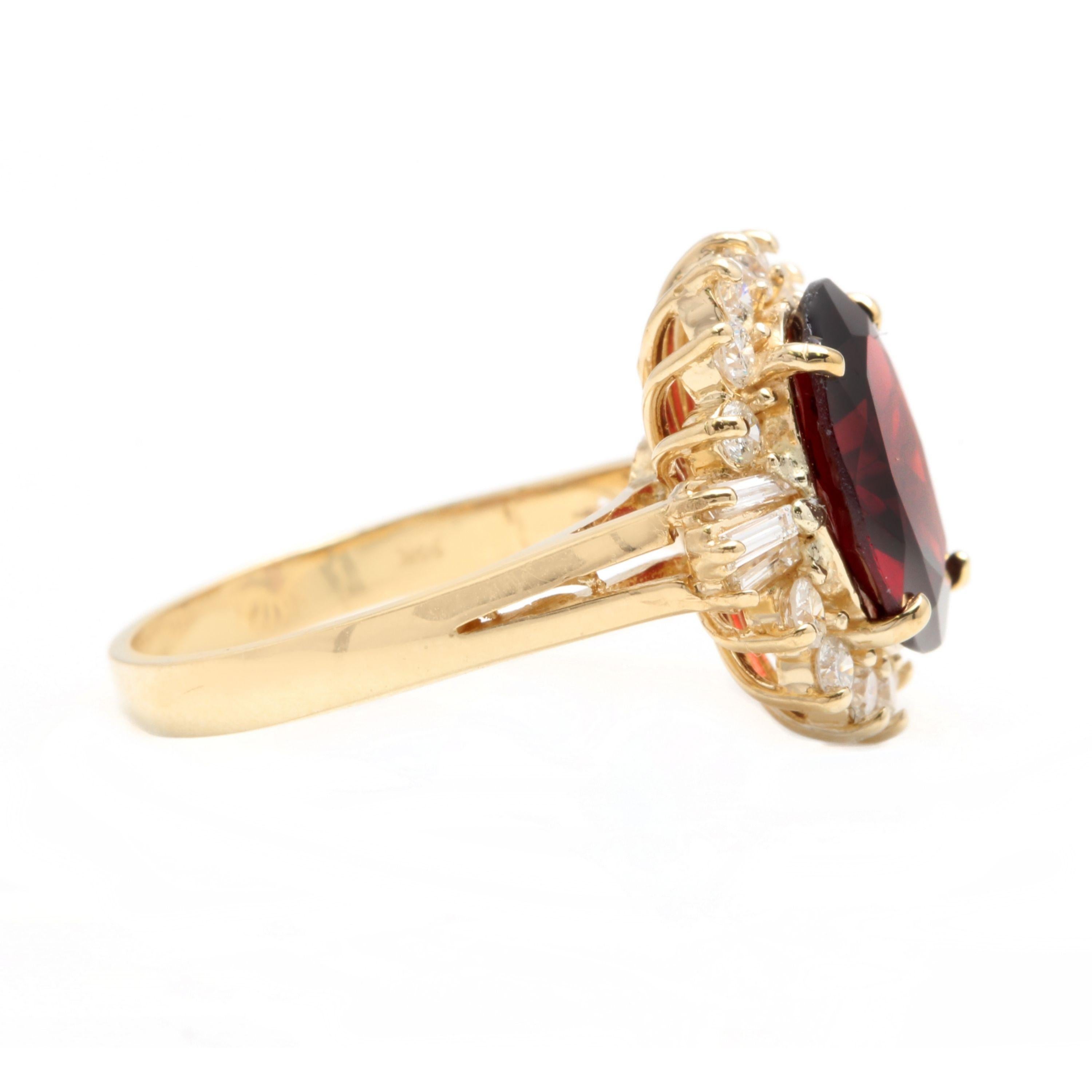 Mixed Cut 9.60 Carat Natural Red Garnet and Diamond 14 Karat Solid Yellow Gold Ring For Sale