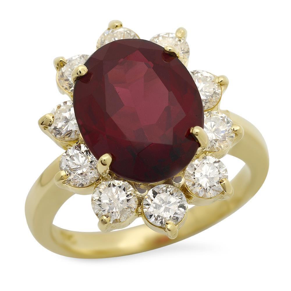 Mixed Cut 9.60 Carats Natural Red Garnet and Diamond 14K Yellow Gold Ring For Sale