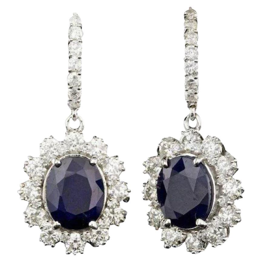 9.60 Carats Natural Sapphire and Diamond 14K Solid White Gold Earrings For Sale