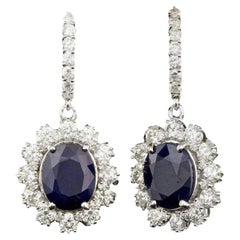 Boucles d'oreilles en or blanc massif 14 carats avec saphirs naturels de 9,60 carats et diamants