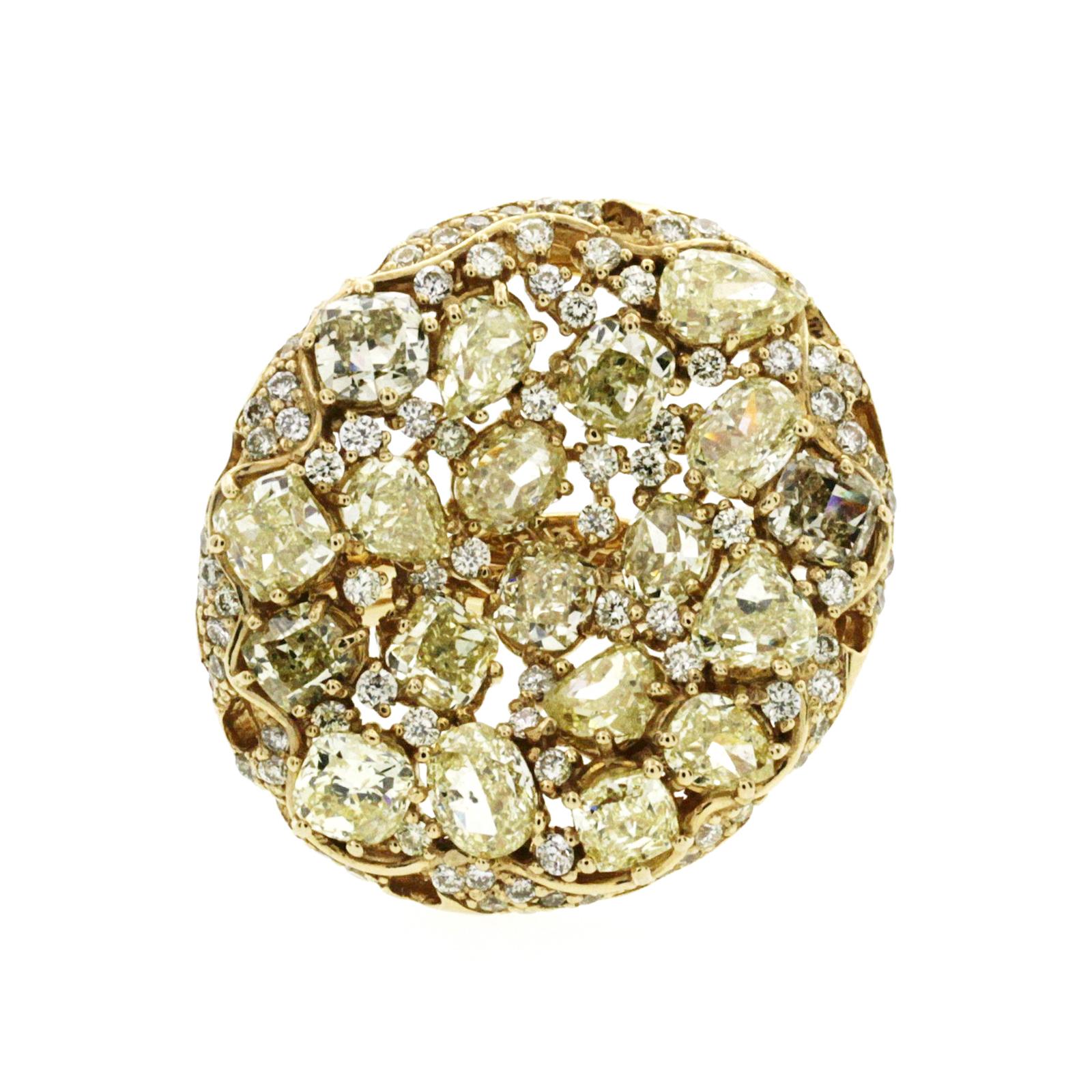 Women's 9.60 Carat Multi Shape and Color Yellow Diamonds 14 Karat Gold Cocktail Ring For Sale